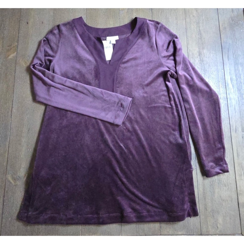 Pure Jill J Jill Velour Tunic‎ Top Pinot Purple Split V-Neck Long Sleeve SM NEW